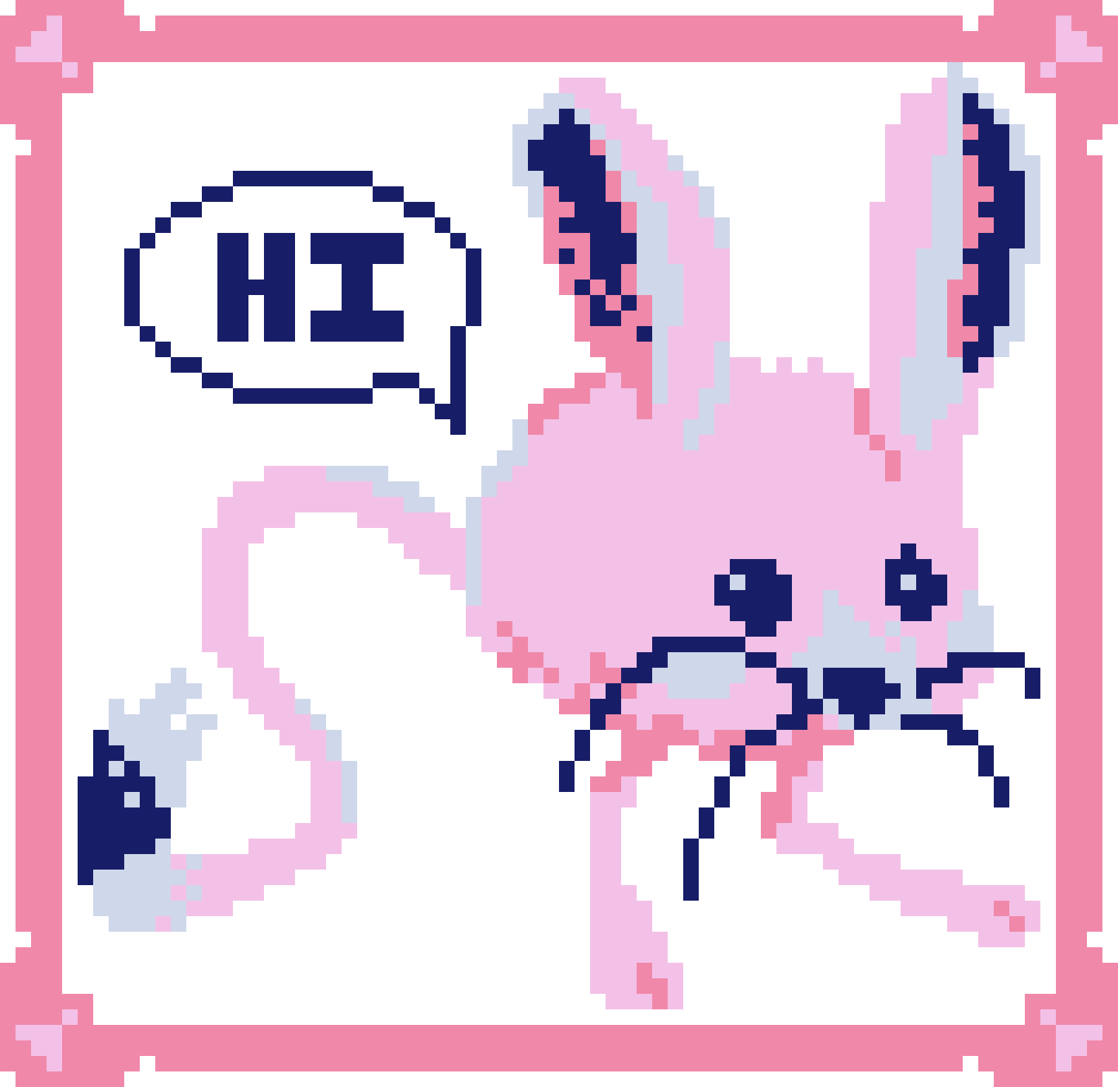 a pixel art jerboa in pinks and indigos in a pink frame